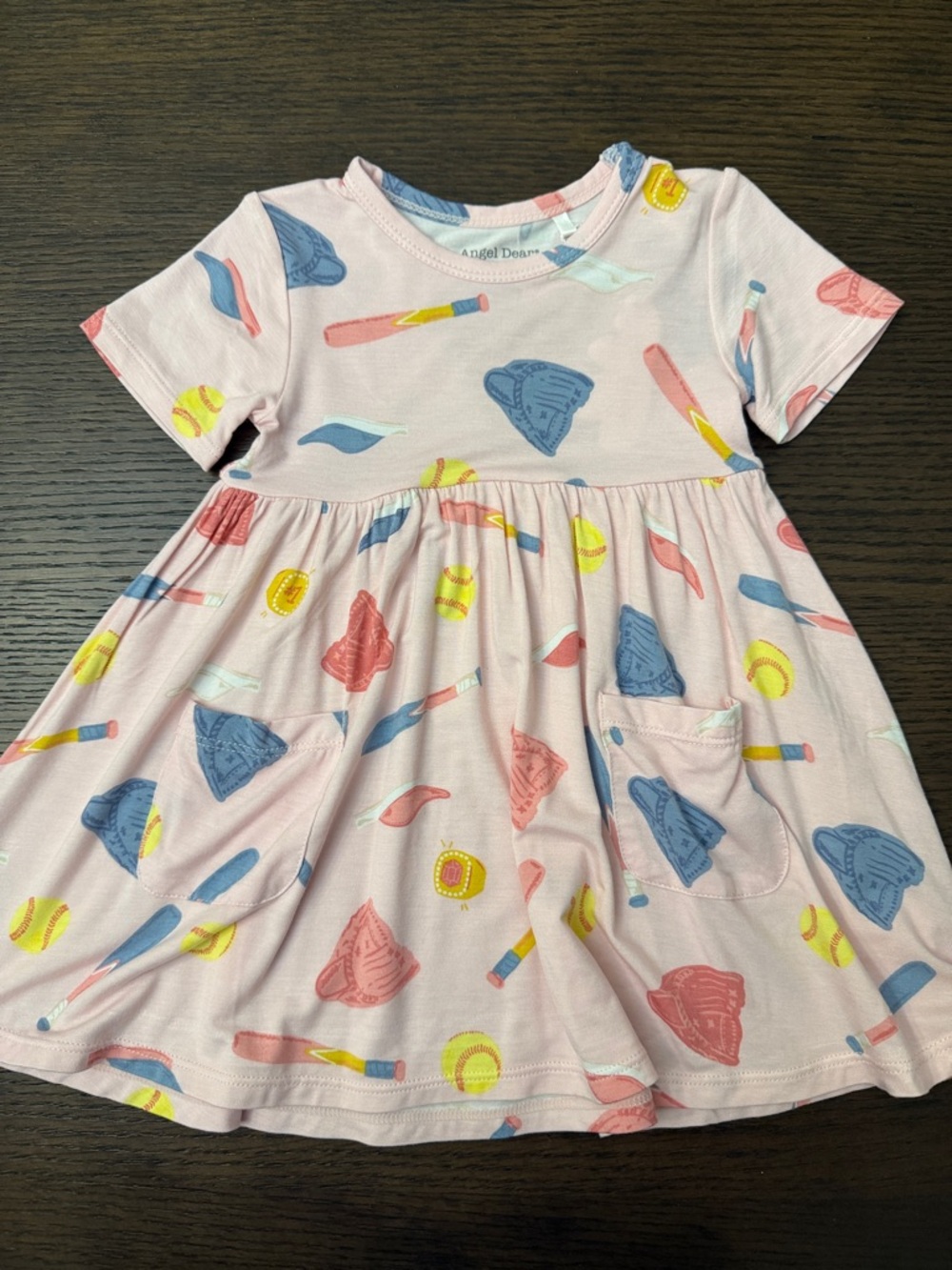 Angel Dear Pink Baseball Print Dress with Blue and Yellow Accents